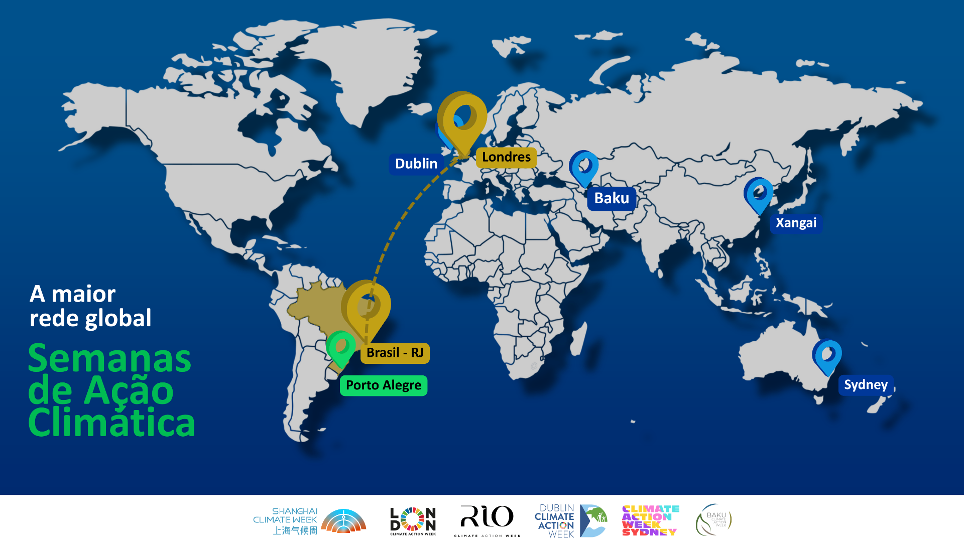 Mapa da rede global de Semanas de Ação Climática, com Porto Alegre conectada a Dublin, Londres, Baku, Xangai, Sydney e Rio de Janeiro.